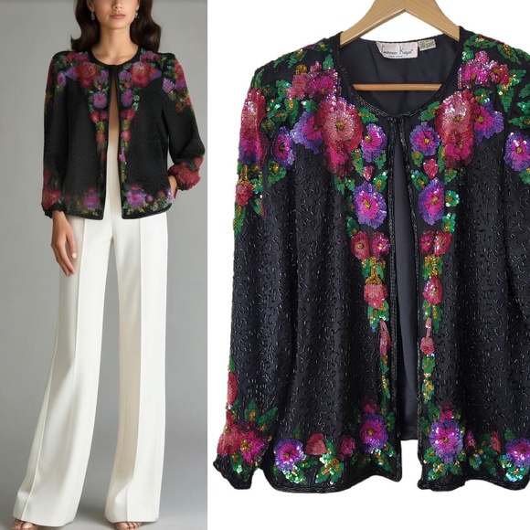 VTG Laurence Kazar 80s Silk Beaded Sequin Bling Jacket SZ L - Picture 1 of 16